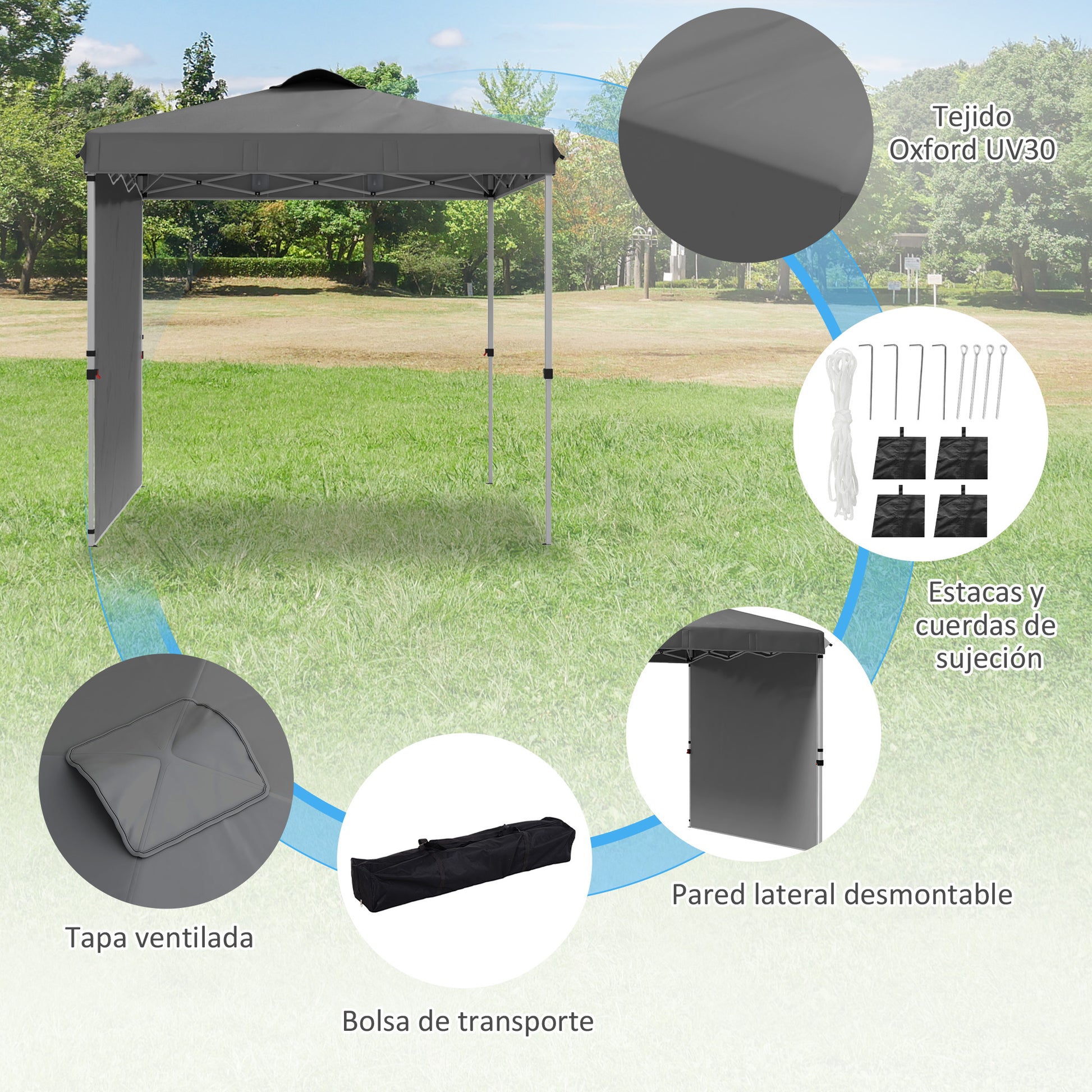 Foldable Gazebo 8.2x8.2 ft Garden Canopy with 1 Side Wall Adjustable Height in 3 Levels Anti-UV Waterproof and Sandbag Dark Gray