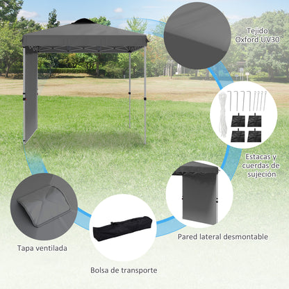 Foldable Gazebo 8.2x8.2 ft Garden Canopy with 1 Side Wall Adjustable Height in 3 Levels Anti-UV Waterproof and Sandbag Dark Gray