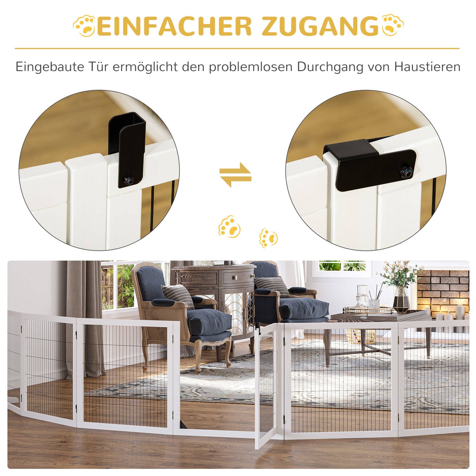Dog Barrier Adjustable Pet Gate with Feet 432 x 70 cm Wooden Dog Gate Foldable Stair Gate Dog Barrier for Stairs, Doors, Hallway, 6 Panels, White