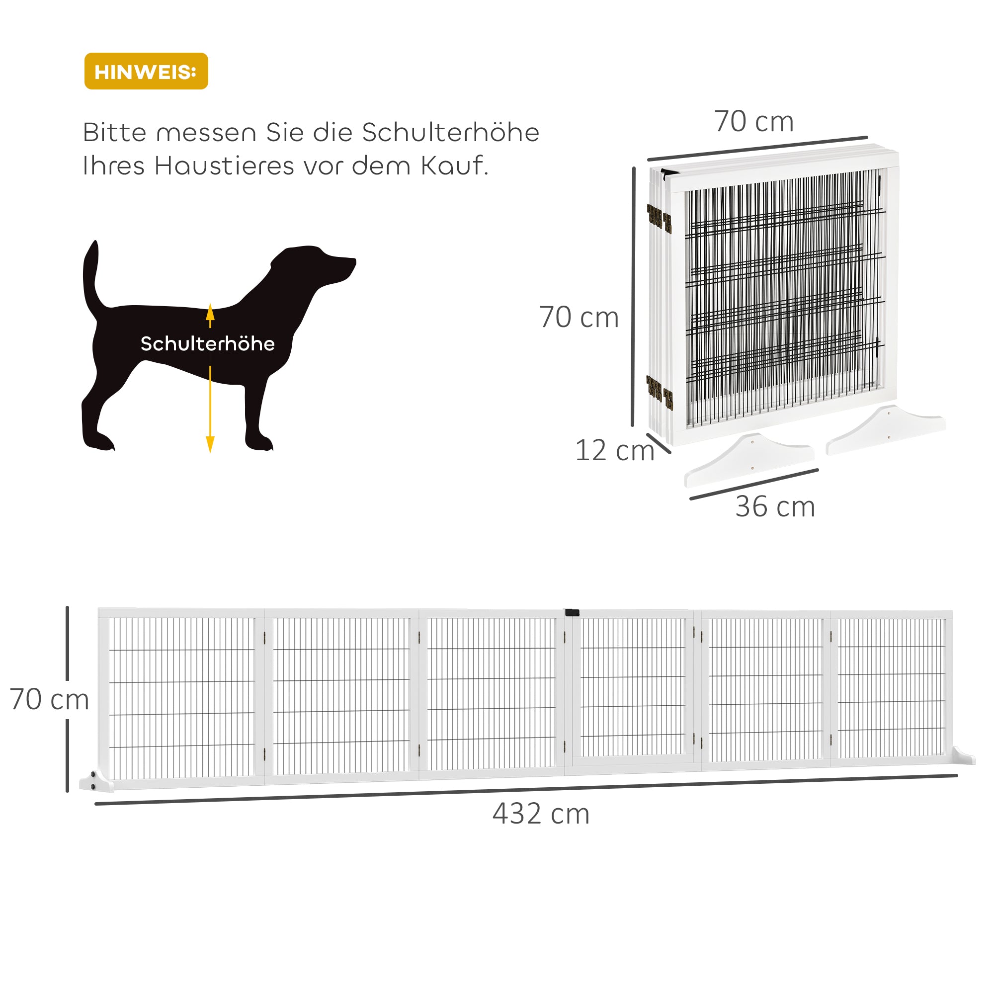 Dog Barrier Adjustable Pet Gate with Feet 432 x 70 cm Wooden Dog Gate Foldable Stair Gate Dog Barrier for Stairs, Doors, Hallway, 6 Panels, White