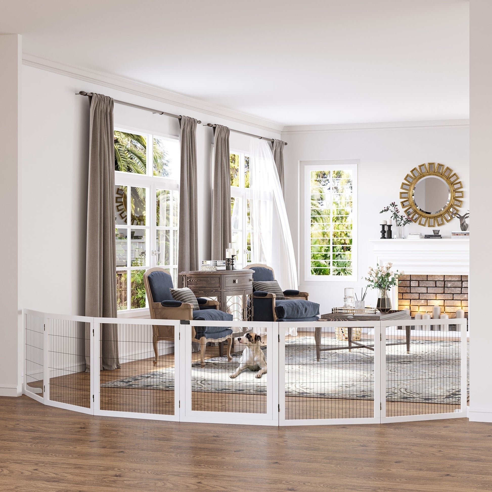 Dog Barrier Adjustable Pet Gate with Feet 432 x 70 cm Wooden Dog Gate Foldable Stair Gate Dog Barrier for Stairs, Doors, Hallway, 6 Panels, White