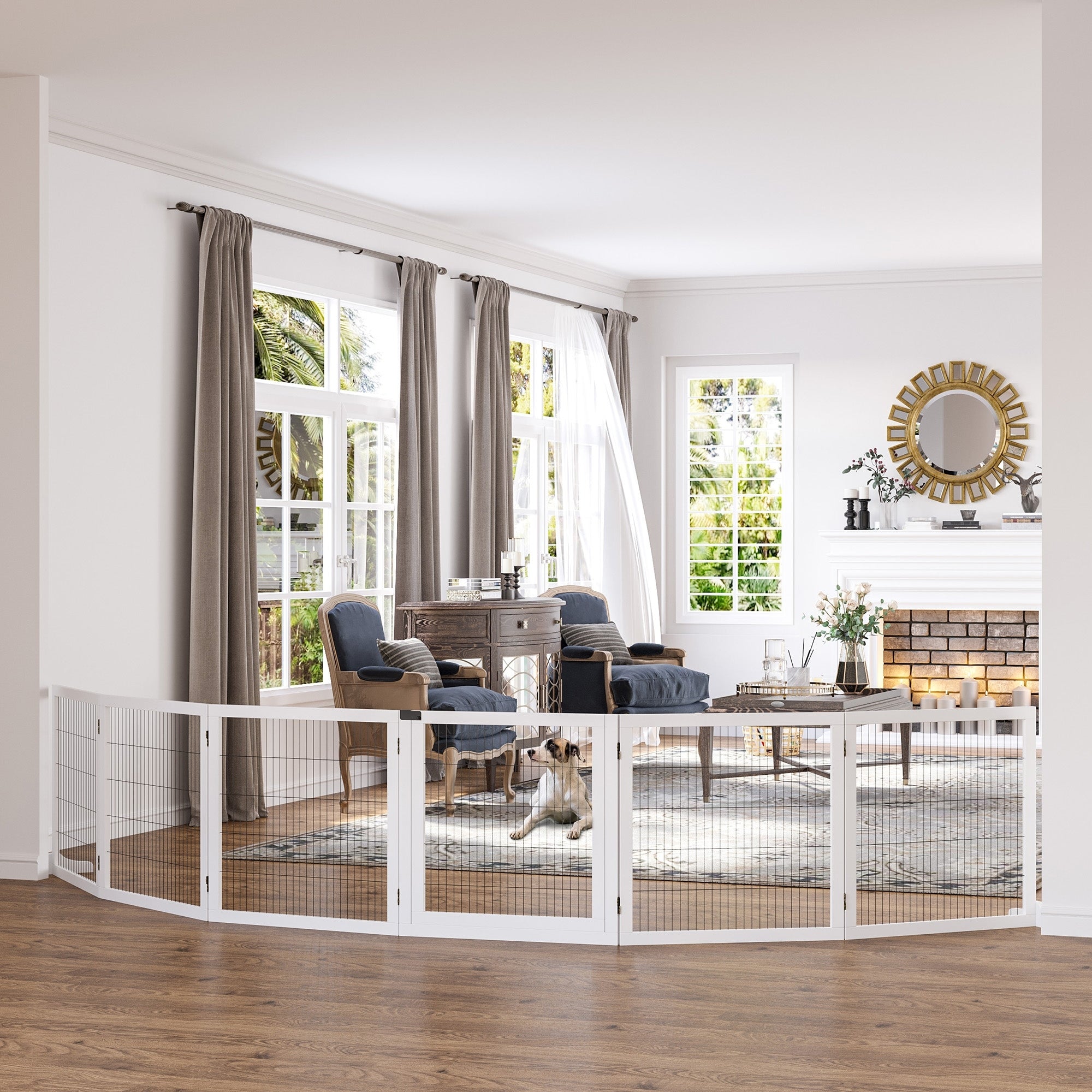 Dog Barrier Adjustable Pet Gate with Feet 432 x 70 cm Wooden Dog Gate Foldable Stair Gate Dog Barrier for Stairs, Doors, Hallway, 6 Panels, White