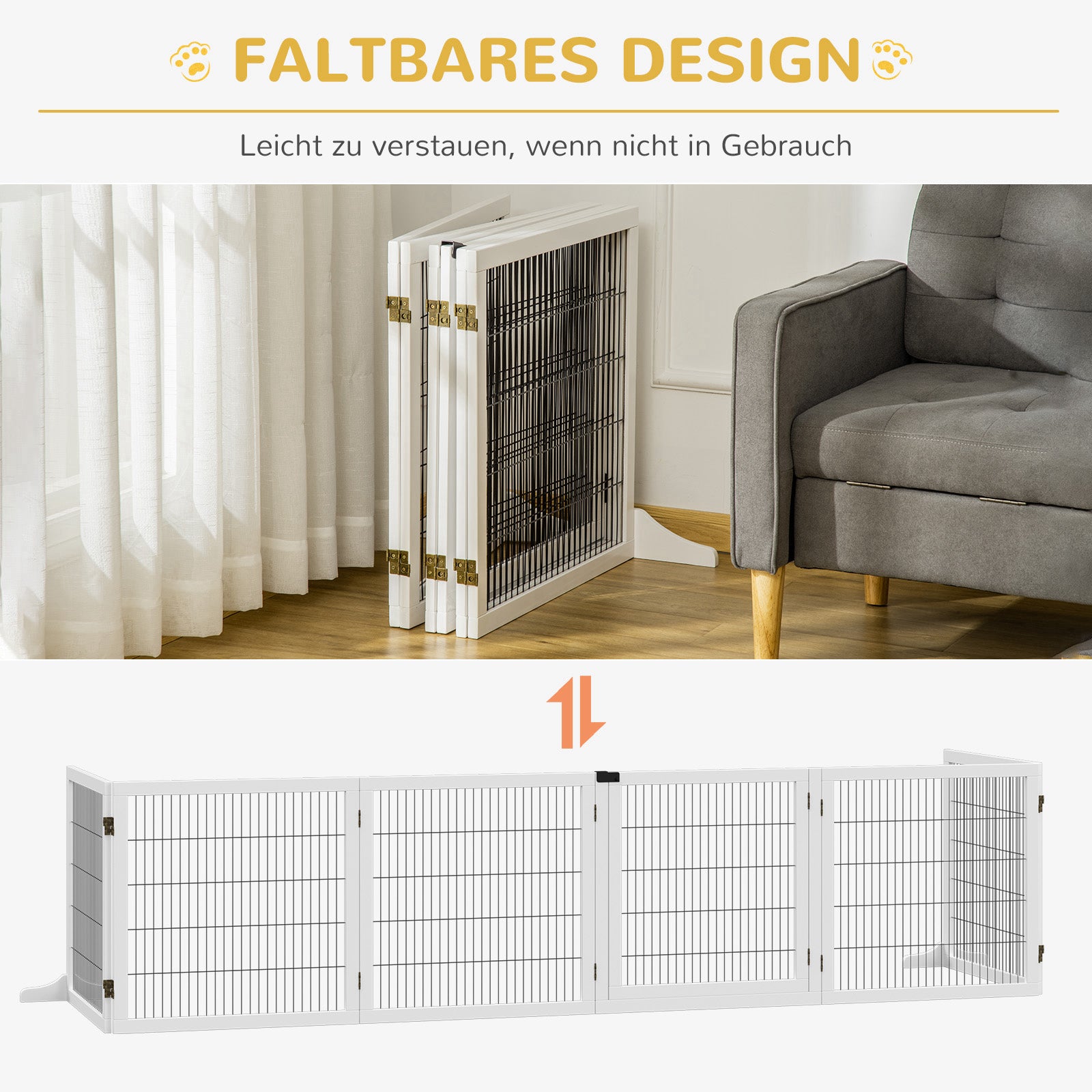 Dog Barrier Adjustable Pet Gate with Feet 432 x 70 cm Wooden Dog Gate Foldable Stair Gate Dog Barrier for Stairs, Doors, Hallway, 6 Panels, White