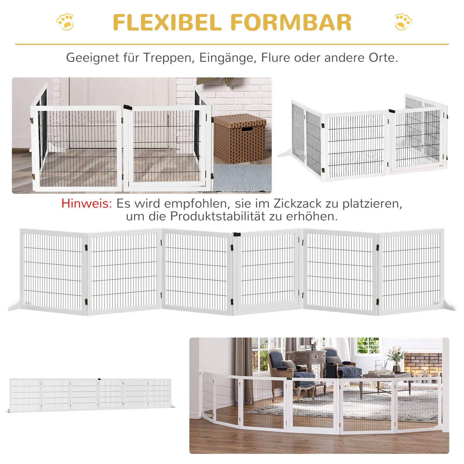 Dog Barrier Adjustable Pet Gate with Feet 432 x 70 cm Wooden Dog Gate Foldable Stair Gate Dog Barrier for Stairs, Doors, Hallway, 6 Panels, White