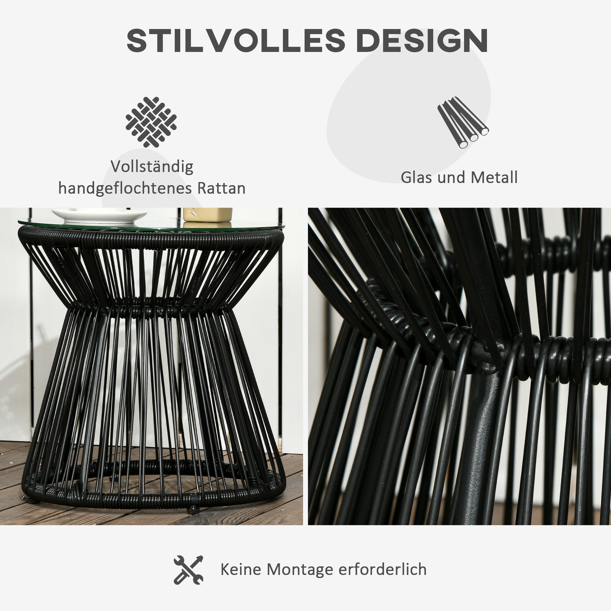 Side Table made of PE Rattan round Coffee Table with Glass Tabletop Tray Garden Table, Hollow Drum design, Outdoor Furniture Coffee Table End Table for Garden Patio Balcony, 40x40x42cm, Black