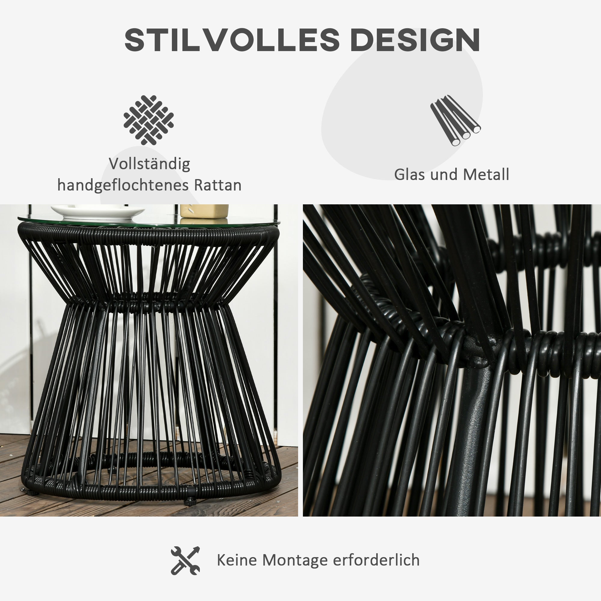Side Table made of PE Rattan round Coffee Table with Glass Tabletop Tray Garden Table, Hollow Drum design, Outdoor Furniture Coffee Table End Table for Garden Patio Balcony, 40x40x42cm, Black