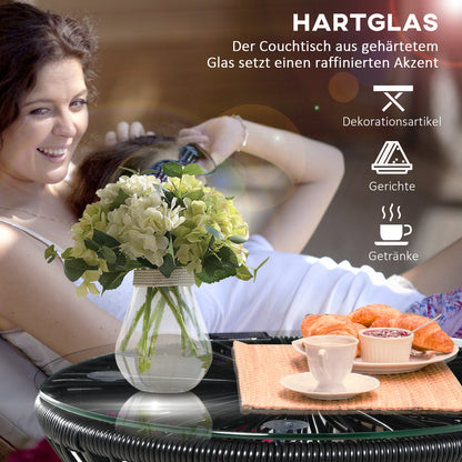 Side Table made of PE Rattan round Coffee Table with Glass Tabletop Tray Garden Table, Hollow Drum design, Outdoor Furniture Coffee Table End Table for Garden Patio Balcony, 40x40x42cm, Black