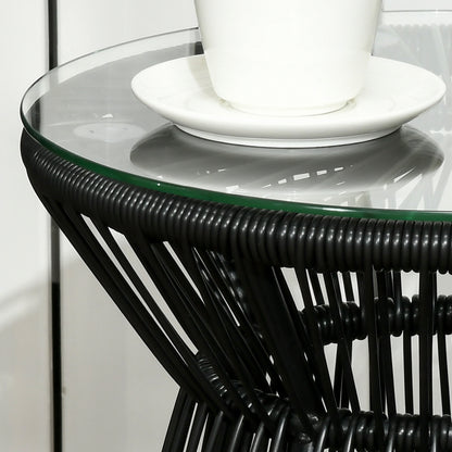Side Table made of PE Rattan round Coffee Table with Glass Tabletop Tray Garden Table, Hollow Drum design, Outdoor Furniture Coffee Table End Table for Garden Patio Balcony, 40x40x42cm, Black