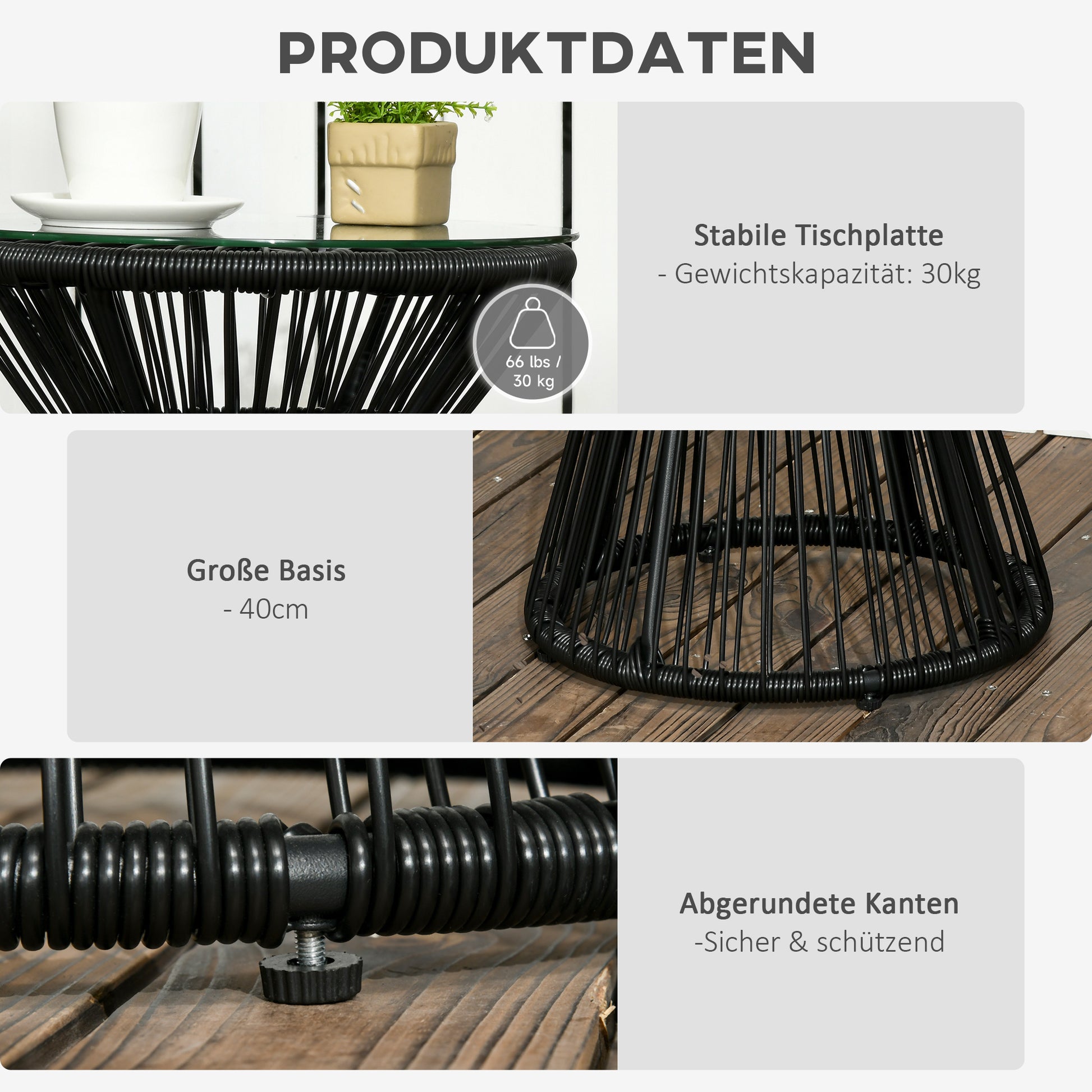 Side Table made of PE Rattan round Coffee Table with Glass Tabletop Tray Garden Table, Hollow Drum design, Outdoor Furniture Coffee Table End Table for Garden Patio Balcony, 40x40x42cm, Black