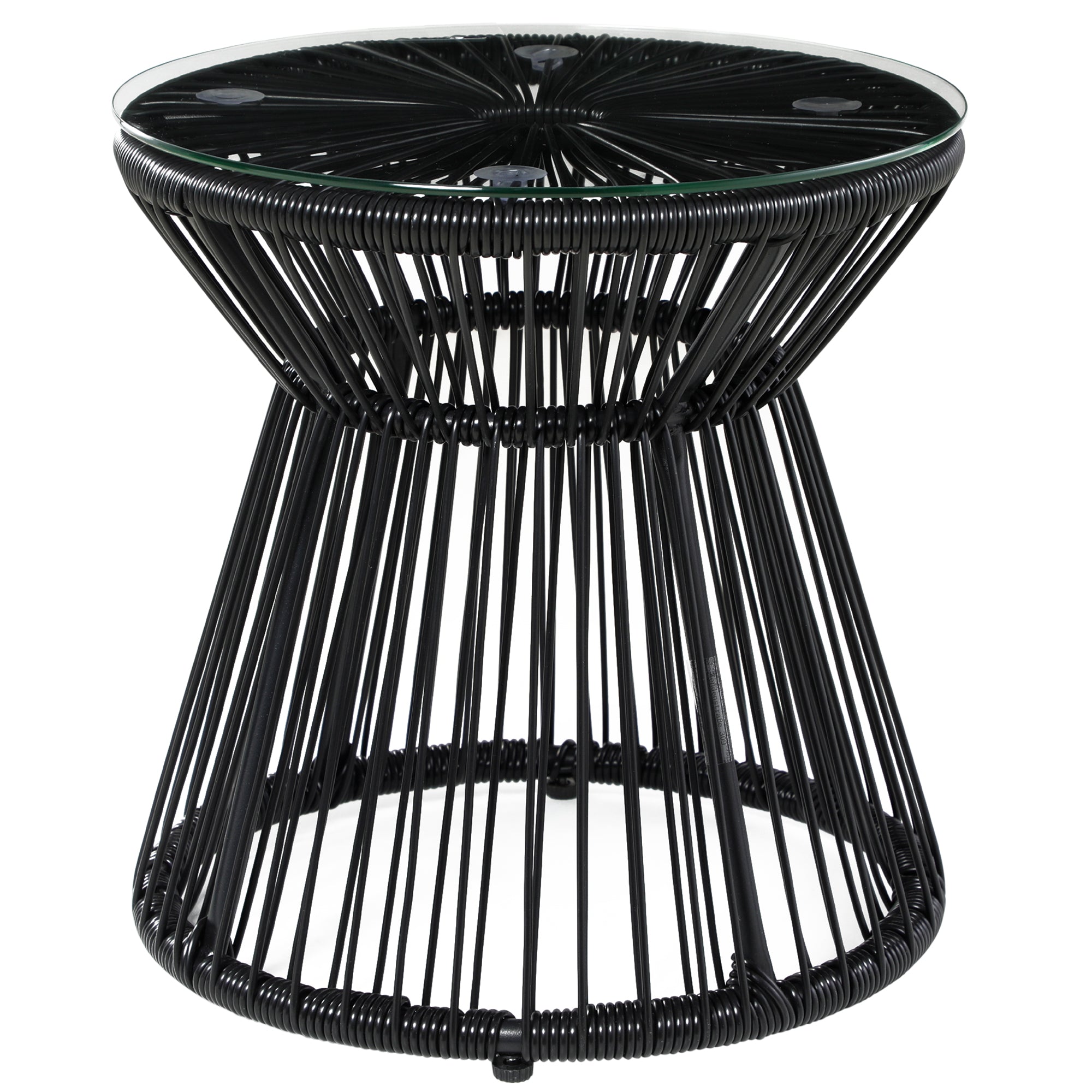 Side Table made of PE Rattan round Coffee Table with Glass Tabletop Tray Garden Table, Hollow Drum design, Outdoor Furniture Coffee Table End Table for Garden Patio Balcony, 40x40x42cm, Black