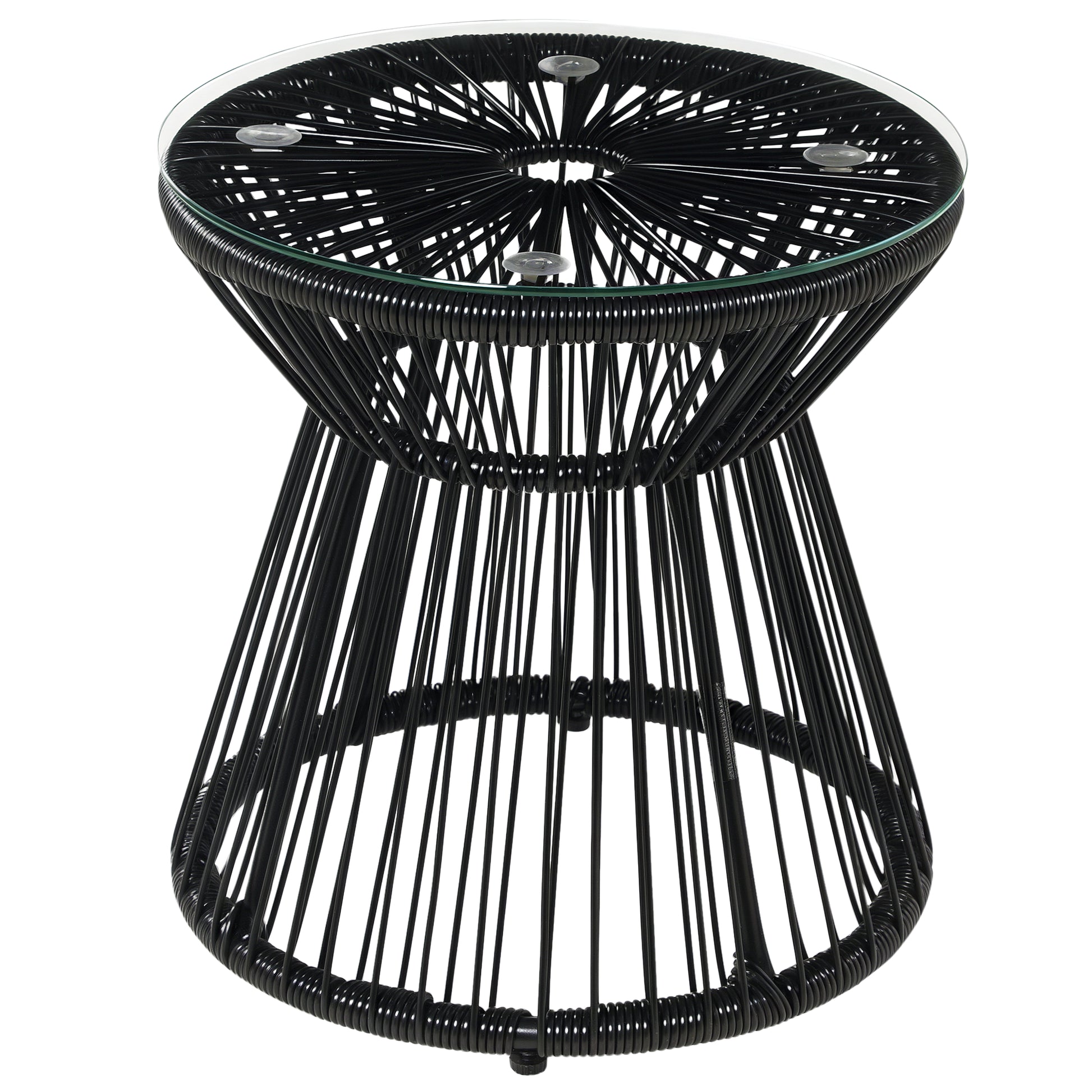 Side Table made of PE Rattan round Coffee Table with Glass Tabletop Tray Garden Table, Hollow Drum design, Outdoor Furniture Coffee Table End Table for Garden Patio Balcony, 40x40x42cm, Black