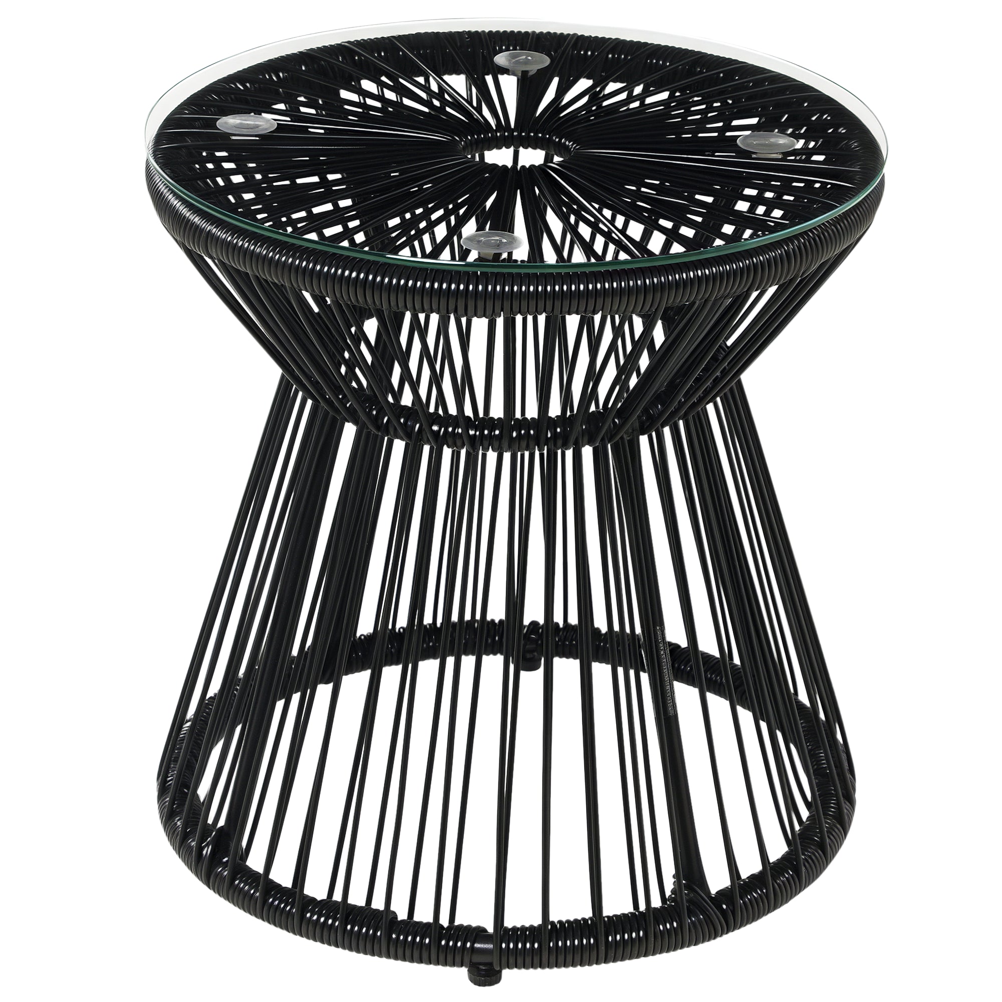 Side Table made of PE Rattan round Coffee Table with Glass Tabletop Tray Garden Table, Hollow Drum design, Outdoor Furniture Coffee Table End Table for Garden Patio Balcony, 40x40x42cm, Black