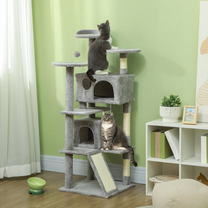 Cat Scratching Post Height 54.33 inches Cat Tree Climbing Tower with Sisal Scratching Posts Platforms Caves Hanging Balls and Hammocks Light Gray