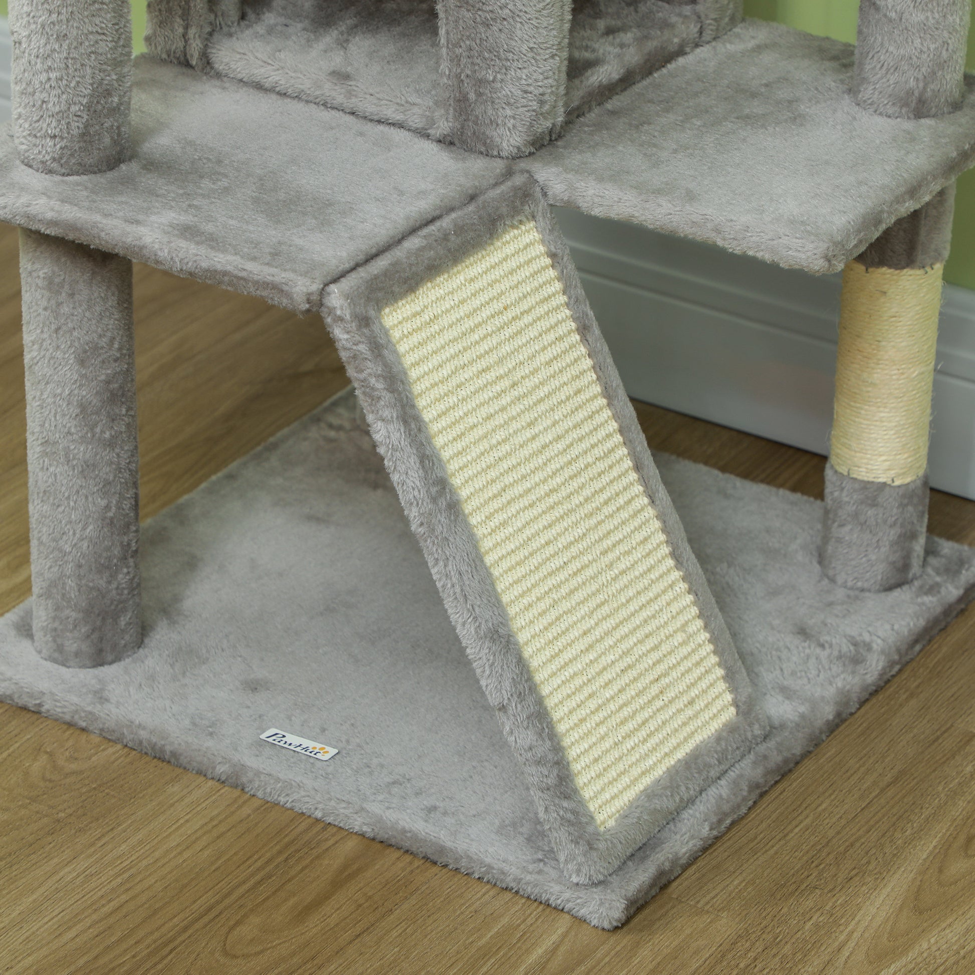Cat Scratching Post Height 54.33 inches Cat Tree Climbing Tower with Sisal Scratching Posts Platforms Caves Hanging Balls and Hammocks Light Gray