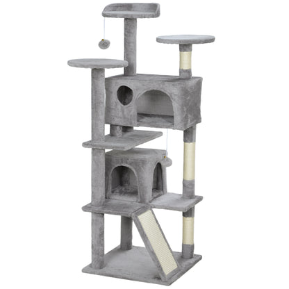 Cat Scratching Post Height 54.33 inches Cat Tree Climbing Tower with Sisal Scratching Posts Platforms Caves Hanging Balls and Hammocks Light Gray