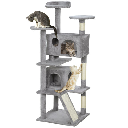 Cat Scratching Post Height 54.33 inches Cat Tree Climbing Tower with Sisal Scratching Posts Platforms Caves Hanging Balls and Hammocks Light Gray