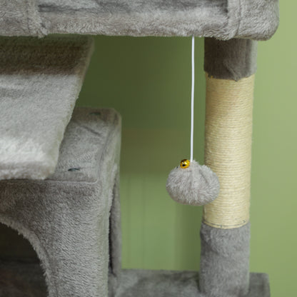 Cat Scratching Post Height 54.33 inches Cat Tree Climbing Tower with Sisal Scratching Posts Platforms Caves Hanging Balls and Hammocks Light Gray
