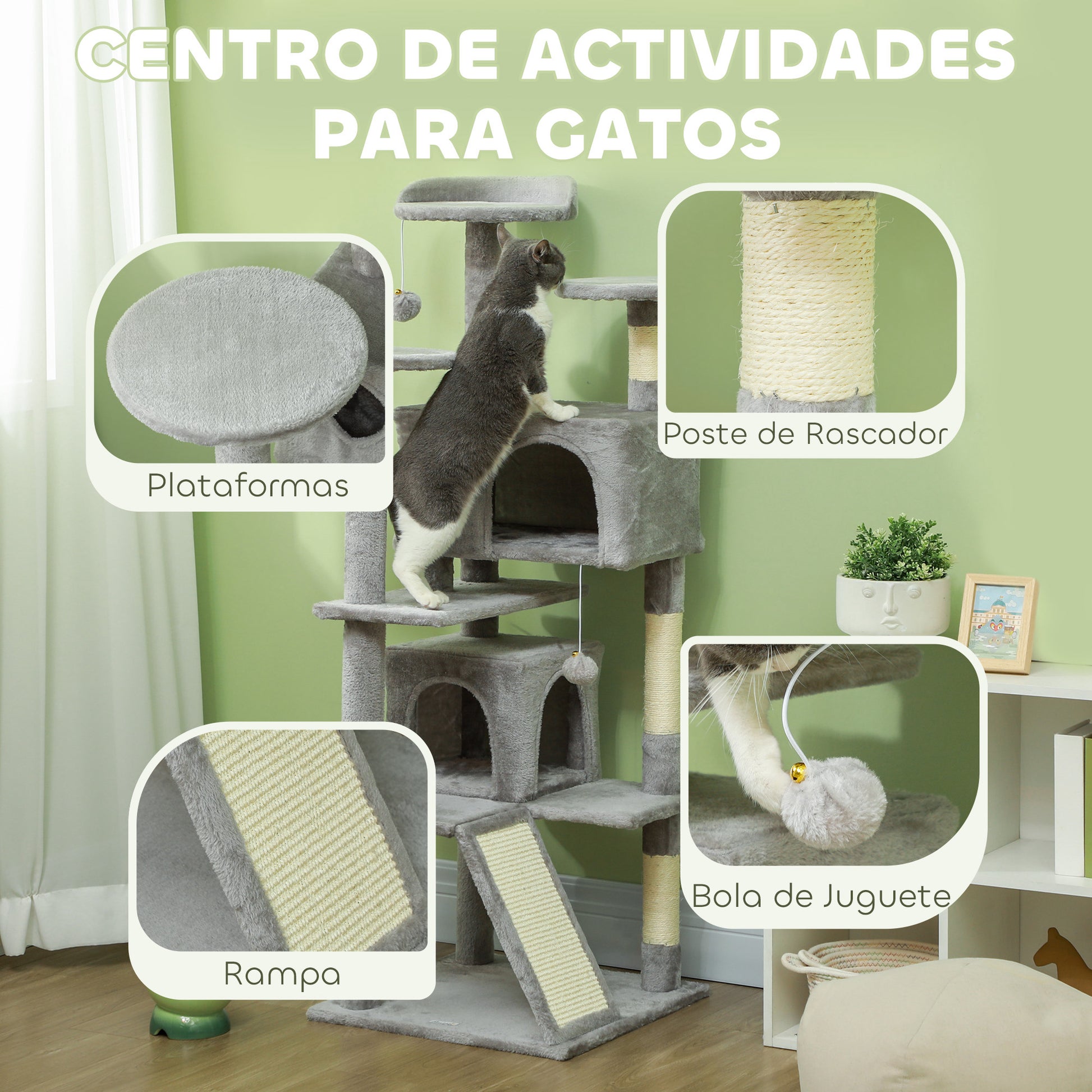 Cat Scratching Post Height 54.33 inches Cat Tree Climbing Tower with Sisal Scratching Posts Platforms Caves Hanging Balls and Hammocks Light Gray