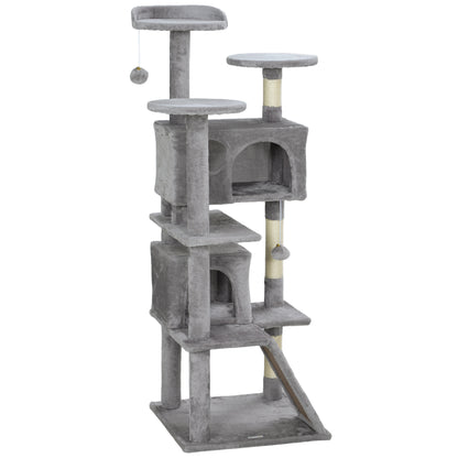 Cat Scratching Post Height 54.33 inches Cat Tree Climbing Tower with Sisal Scratching Posts Platforms Caves Hanging Balls and Hammocks Light Gray