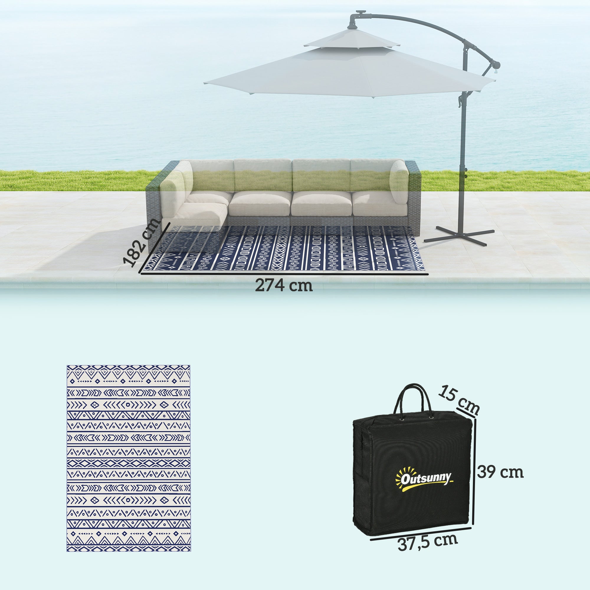 Outdoor Carpet Robust Weather-Resistant Outdoor Rug, Carpet with Boho Style, Outdoor Rug for Living Room Balcony Garden Terrace Bathroom Hall Kitchen, 182 x 274 cm Blue+White