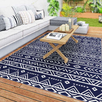 Outdoor Carpet Robust Weather-Resistant Outdoor Rug, Carpet with Boho Style, Outdoor Rug for Living Room Balcony Garden Terrace Bathroom Hall Kitchen, 182 x 274 cm Blue+White