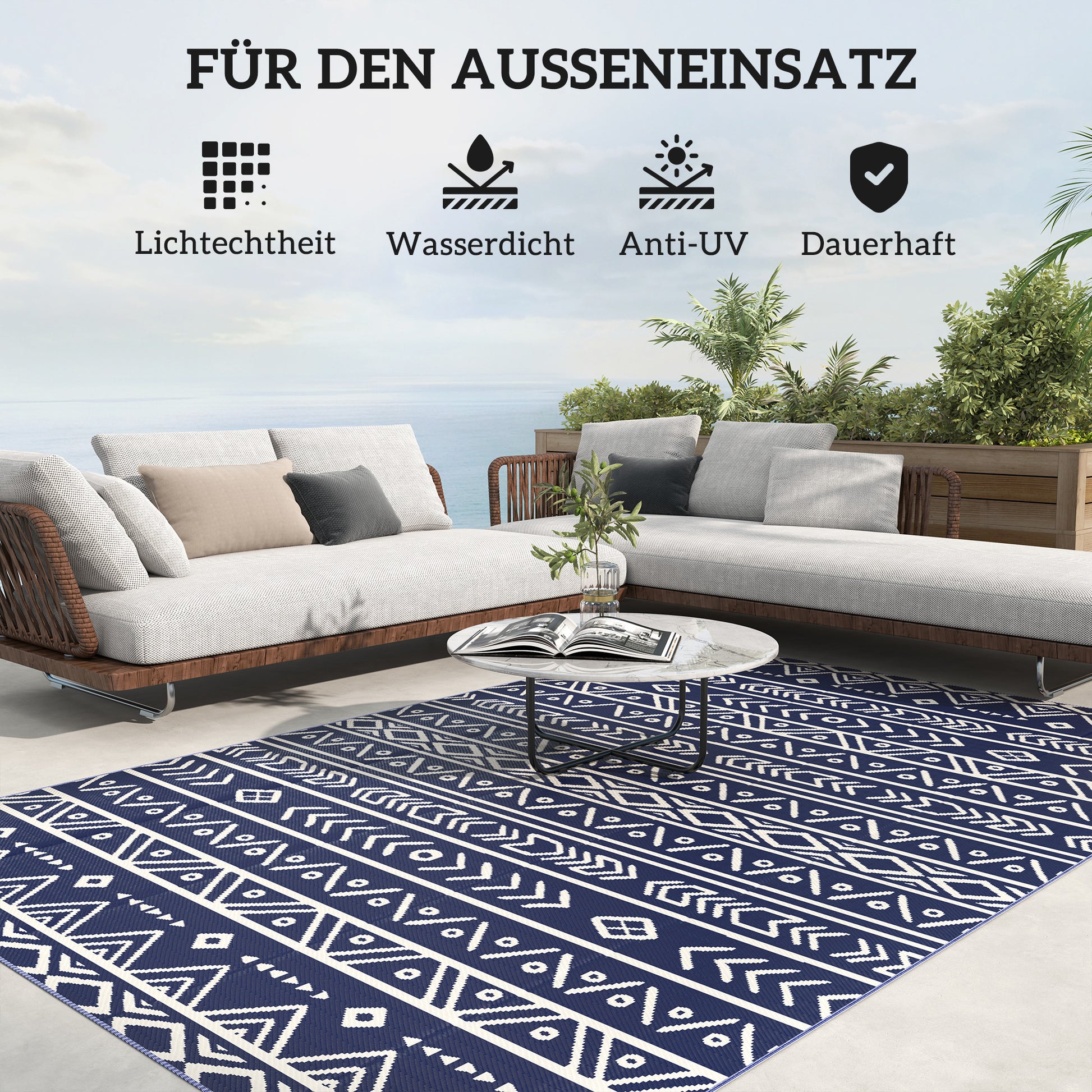 Outdoor Carpet Robust Weather-Resistant Outdoor Rug, Carpet with Boho Style, Outdoor Rug for Living Room Balcony Garden Terrace Bathroom Hall Kitchen, 182 x 274 cm Blue+White