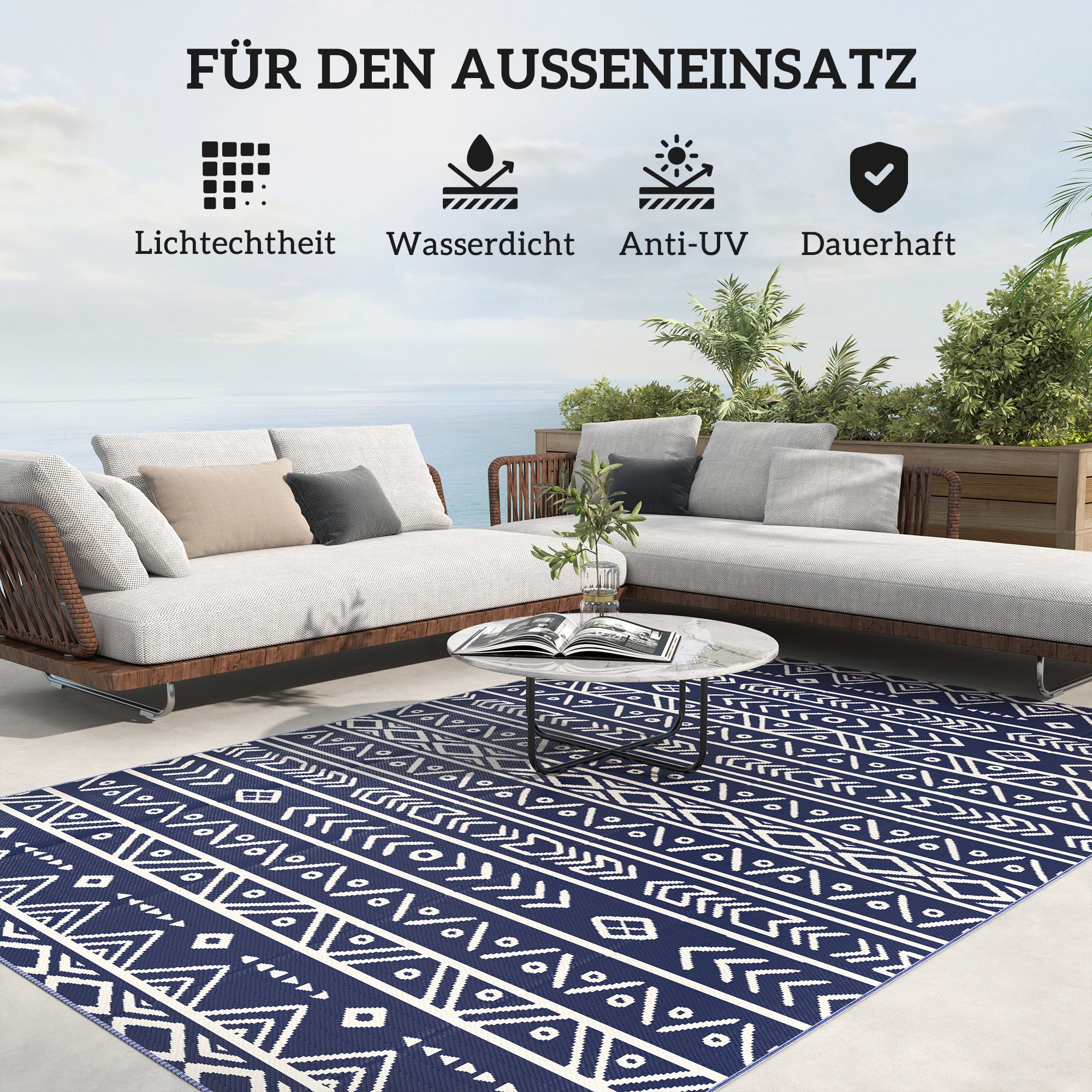 Outdoor Carpet Robust Weather-Resistant Outdoor Rug, Carpet with Boho Style, Outdoor Rug for Living Room Balcony Garden Terrace Bathroom Hall Kitchen, 182 x 274 cm Blue+White