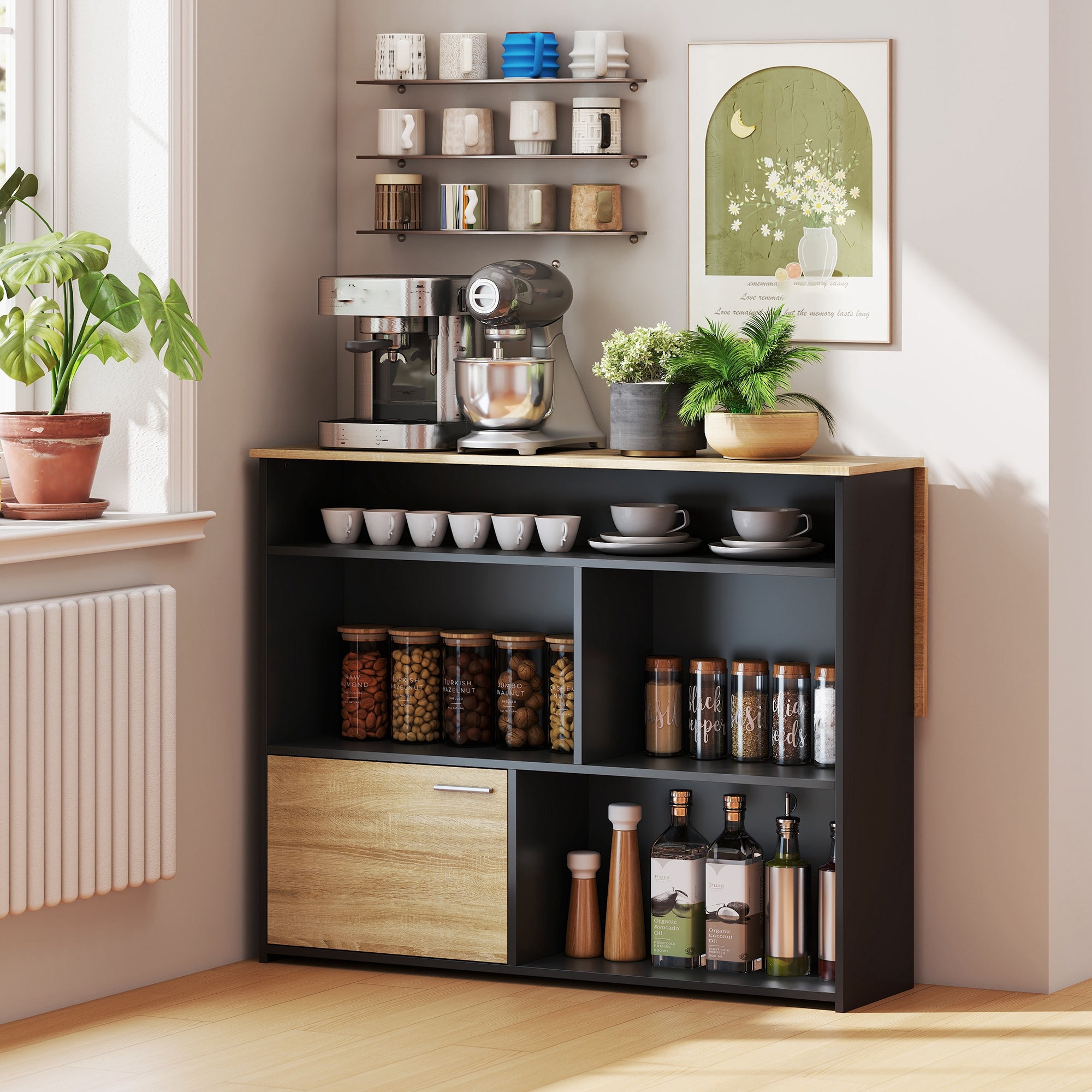 Extendable Bar Table with Drop-Leaf — High Kitchen Table with 1 Cabinet & 4 Open Compartments, Modern Two-Tone Design for Small Spaces, 45.7 x 31.3 x 35.6 in, Black