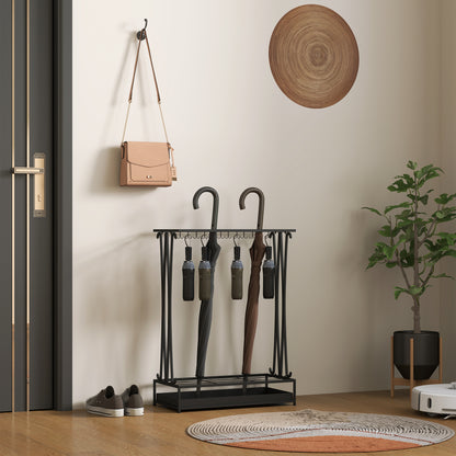Umbrella Stand Steel Umbrella Holder Rectangular Umbrella Stand with 24 Hooks, 21 Holes, Removable Water Drip Tray for Walking Canes & Umbrellas 50 x 24 x 68 cm Black