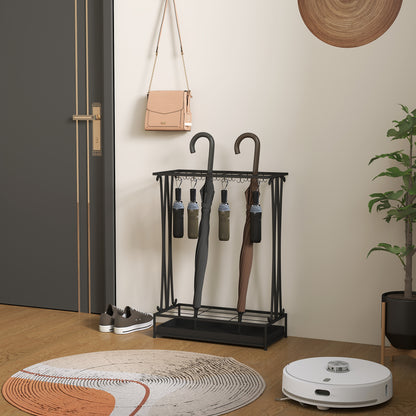 Umbrella Stand Steel Umbrella Holder Rectangular Umbrella Stand with 24 Hooks, 21 Holes, Removable Water Drip Tray for Walking Canes & Umbrellas 50 x 24 x 68 cm Black