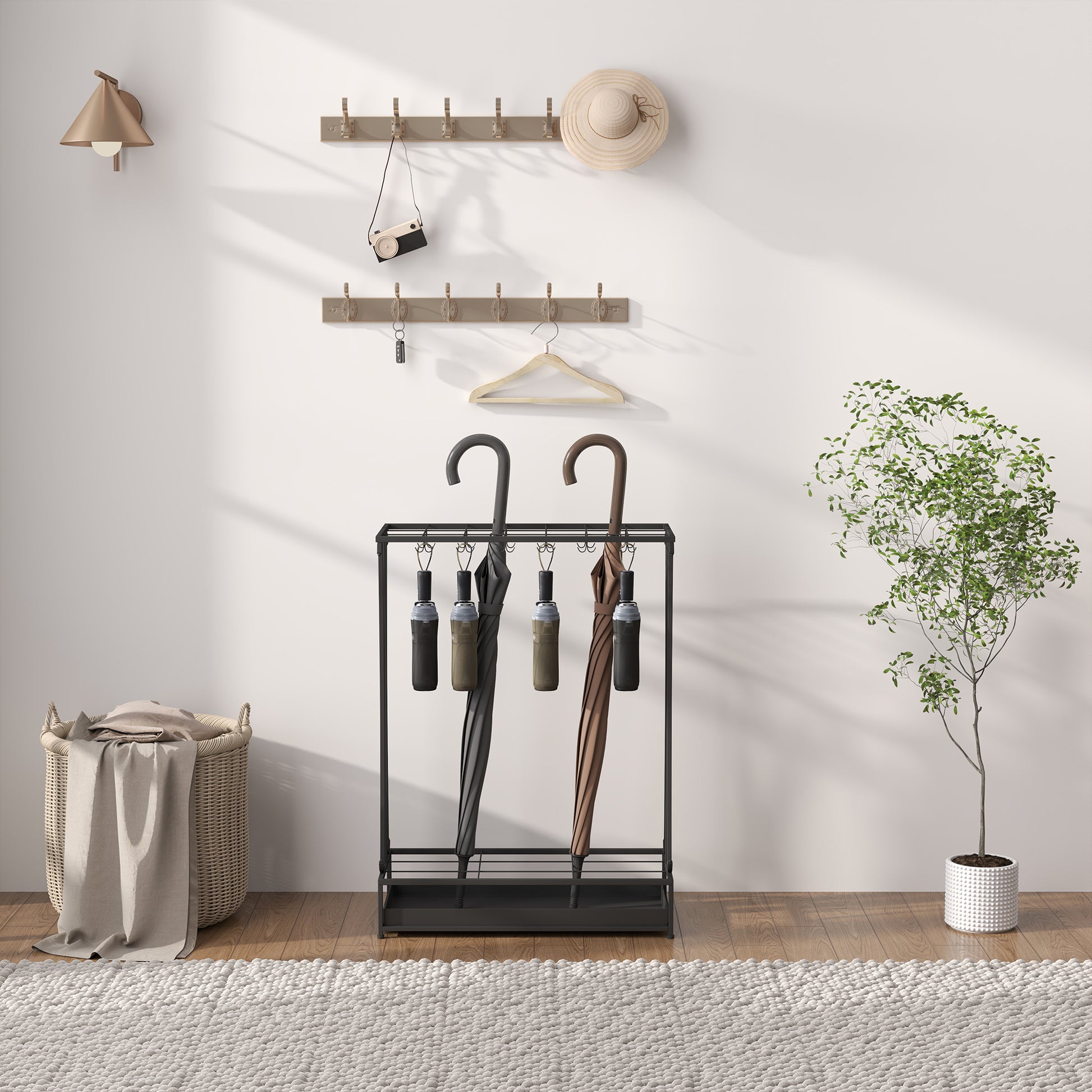 Umbrella Stand Steel Umbrella Holder Rectangular Umbrella Stand with 24 Hooks, 21 Holes, Removable Water Drip Tray for Walking Canes & Umbrellas 50 x 24 x 68 cm Black