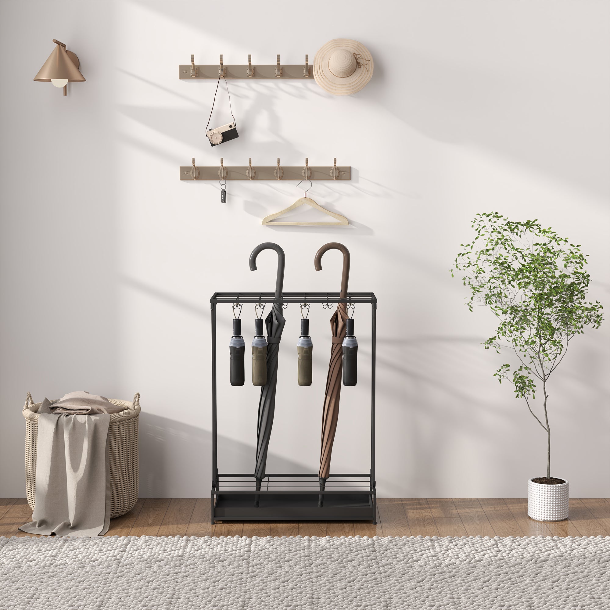 Umbrella Stand Steel Umbrella Holder Rectangular Umbrella Stand with 24 Hooks, 21 Holes, Removable Water Drip Tray for Walking Canes & Umbrellas 50 x 24 x 68 cm Black