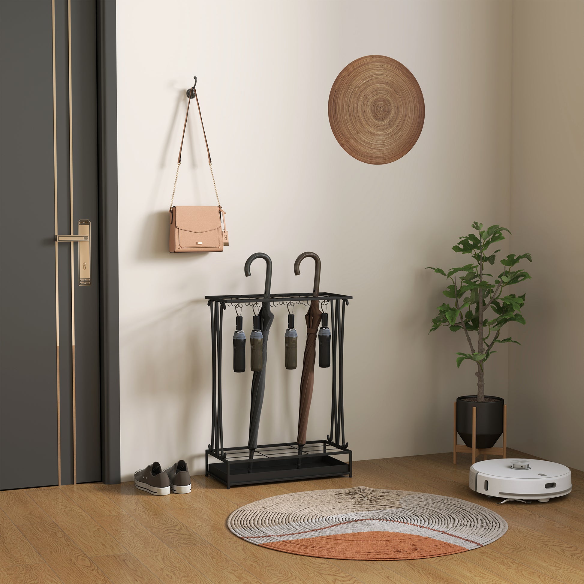Umbrella Stand Steel Umbrella Holder Rectangular Umbrella Stand with 24 Hooks, 21 Holes, Removable Water Drip Tray for Walking Canes & Umbrellas 50 x 24 x 68 cm Black