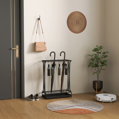Umbrella Stand Steel Umbrella Holder Rectangular Umbrella Stand with 24 Hooks, 21 Holes, Removable Water Drip Tray for Walking Canes & Umbrellas 50 x 24 x 68 cm Black