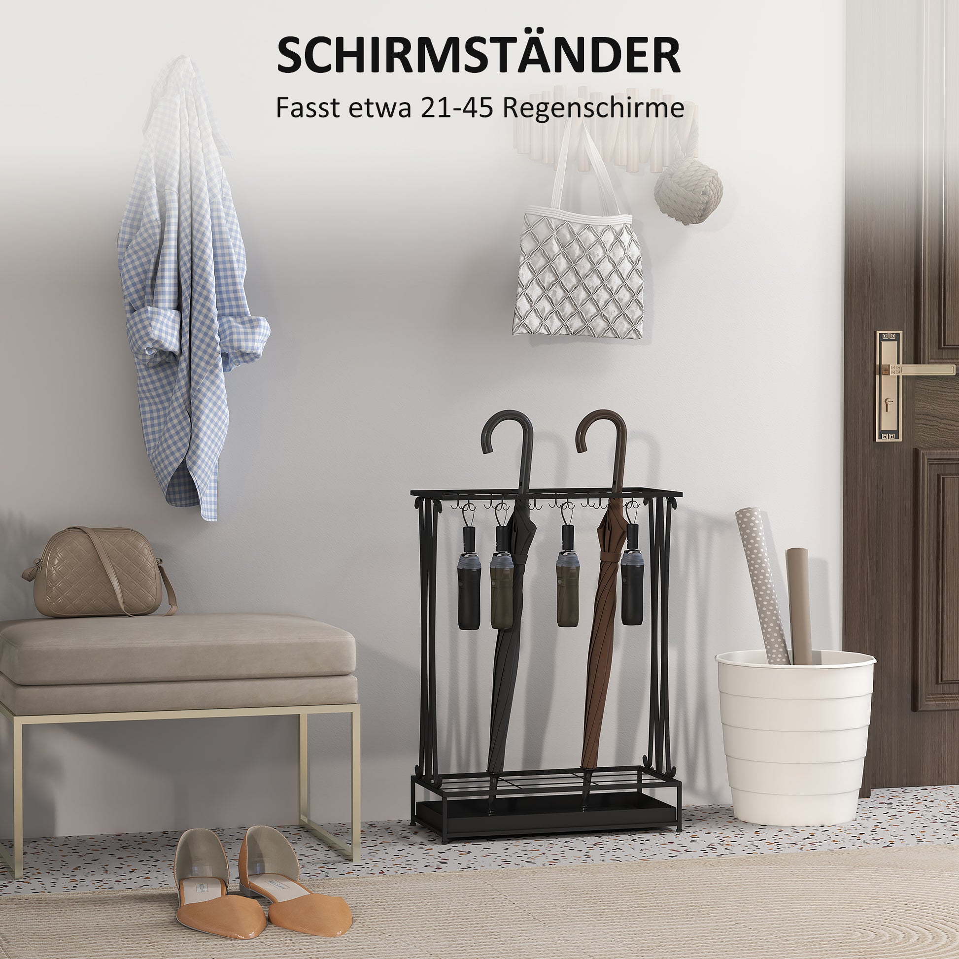 Umbrella Stand Steel Umbrella Holder Rectangular Umbrella Stand with 24 Hooks, 21 Holes, Removable Water Drip Tray for Walking Canes & Umbrellas 50 x 24 x 68 cm Black