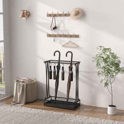 Umbrella Stand Steel Umbrella Holder Rectangular Umbrella Stand with 24 Hooks, 21 Holes, Removable Water Drip Tray for Walking Canes & Umbrellas 50 x 24 x 68 cm Black