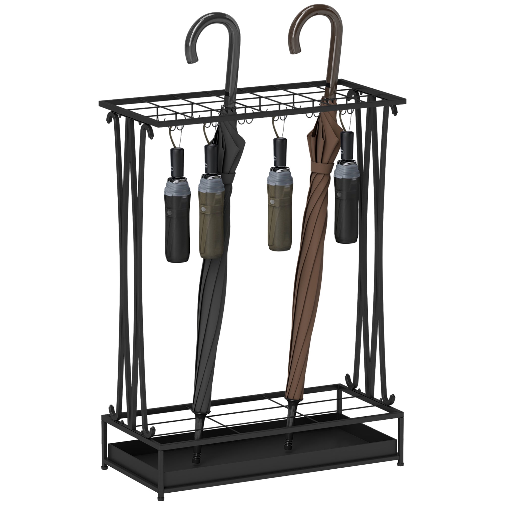 Umbrella Stand Steel Umbrella Holder Rectangular Umbrella Stand with 24 Hooks, 21 Holes, Removable Water Drip Tray for Walking Canes & Umbrellas 50 x 24 x 68 cm Black
