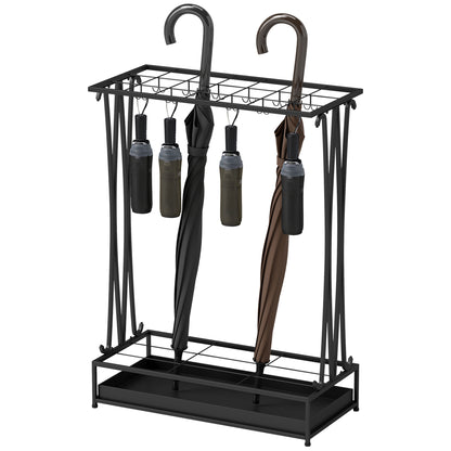 Umbrella Stand Steel Umbrella Holder Rectangular Umbrella Stand with 24 Hooks, 21 Holes, Removable Water Drip Tray for Walking Canes & Umbrellas 50 x 24 x 68 cm Black