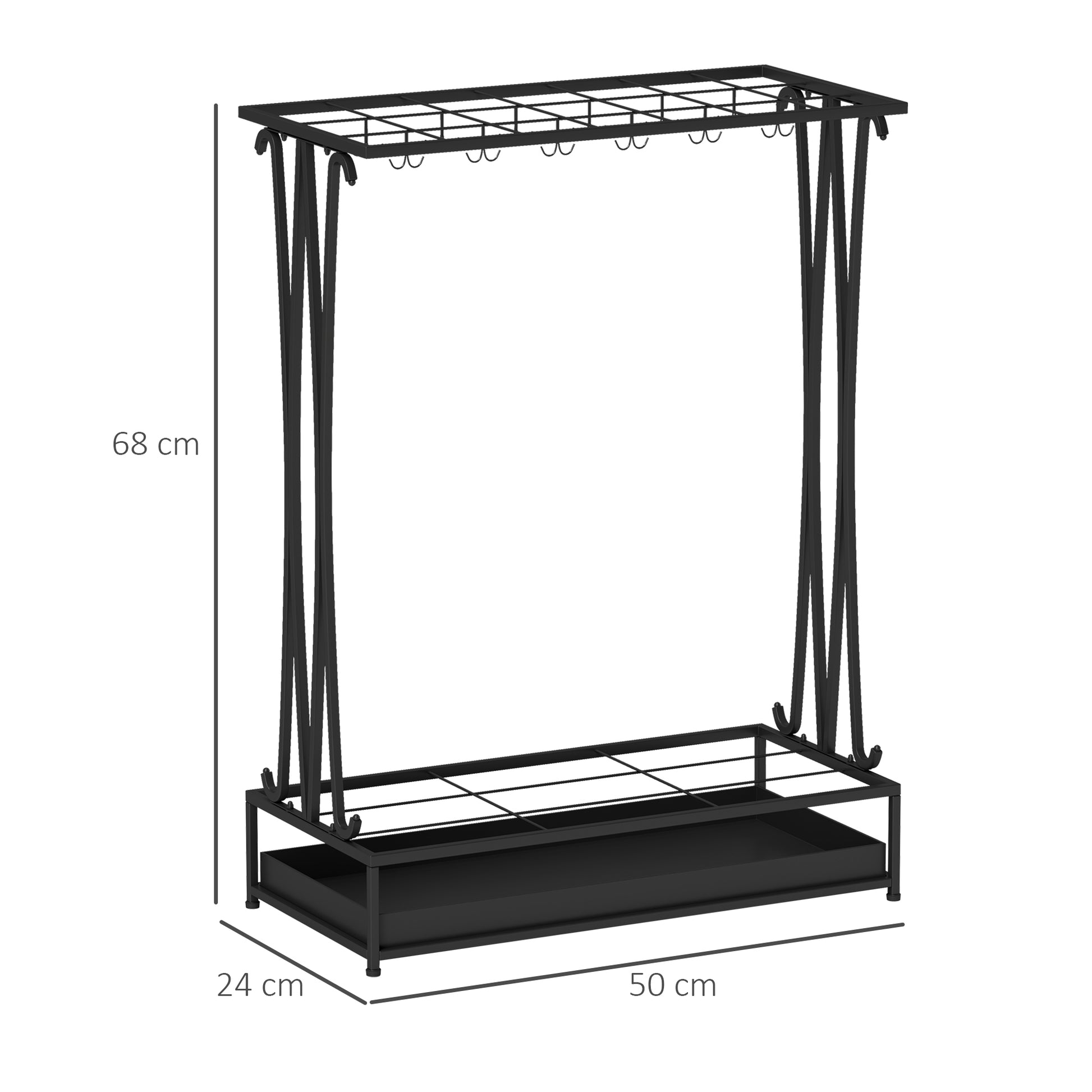Umbrella Stand Steel Umbrella Holder Rectangular Umbrella Stand with 24 Hooks, 21 Holes, Removable Water Drip Tray for Walking Canes & Umbrellas 50 x 24 x 68 cm Black