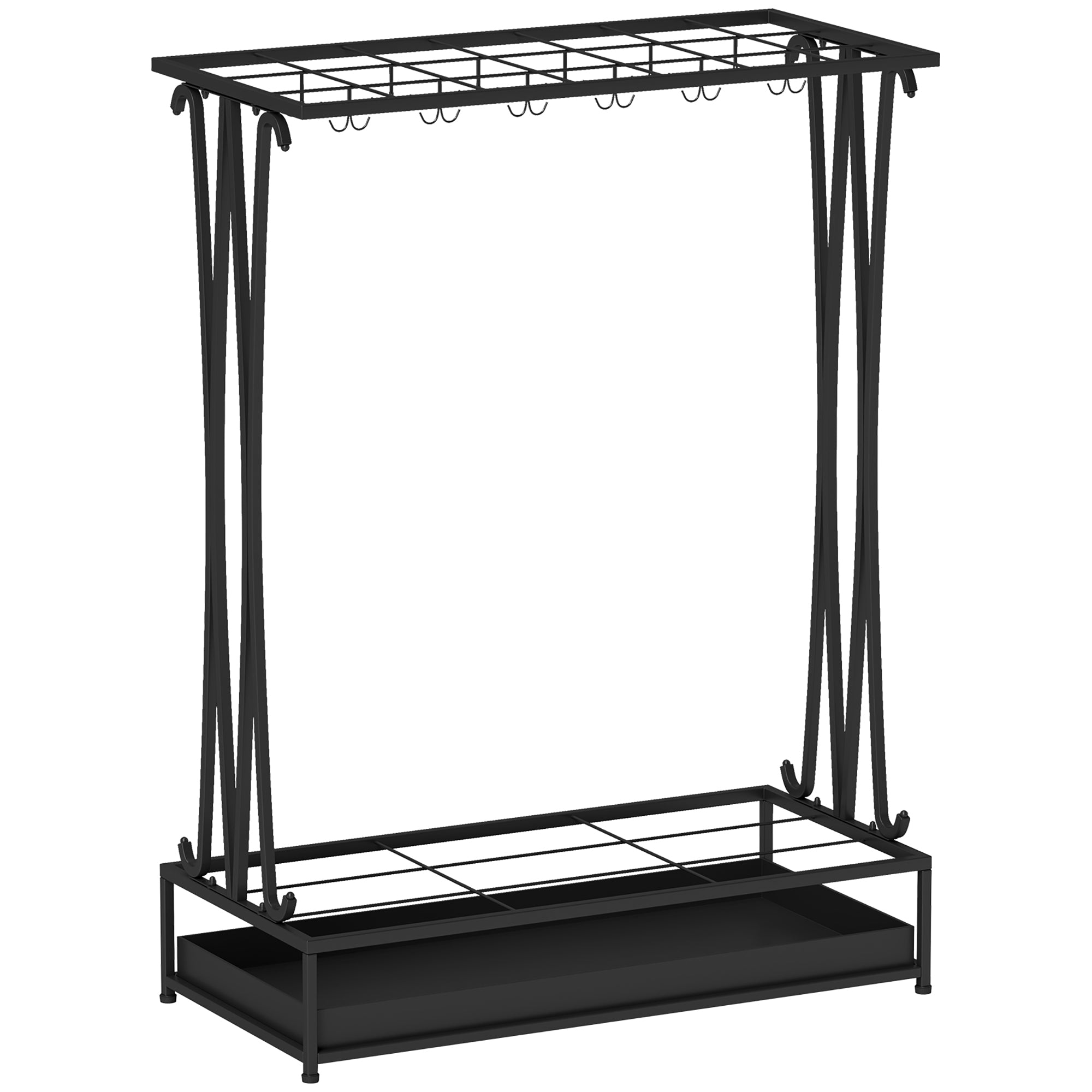 Umbrella Stand Steel Umbrella Holder Rectangular Umbrella Stand with 24 Hooks, 21 Holes, Removable Water Drip Tray for Walking Canes & Umbrellas 50 x 24 x 68 cm Black