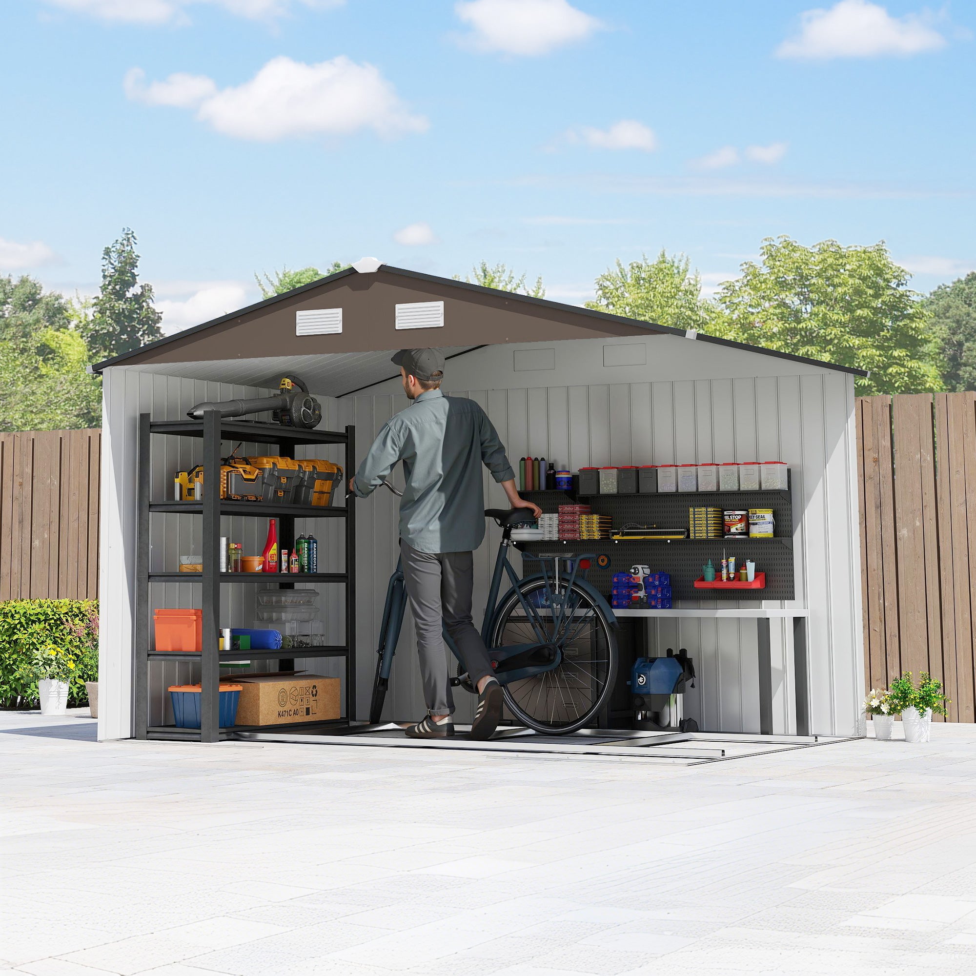 XXL Galvanized Steel Garden Shed 5.4 m² (58 sq ft) with Foundation Kit, 277 x 195 x 192 cm (9 ft 1 in x 6 ft 5 in x 6 ft 4 in), Outdoor Tool Storage Shed with Lockable Sliding Doors & 4 Vents, Brown