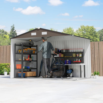 XXL Galvanized Steel Garden Shed 5.4 m² (58 sq ft) with Foundation Kit, 277 x 195 x 192 cm (9 ft 1 in x 6 ft 5 in x 6 ft 4 in), Outdoor Tool Storage Shed with Lockable Sliding Doors & 4 Vents, Brown