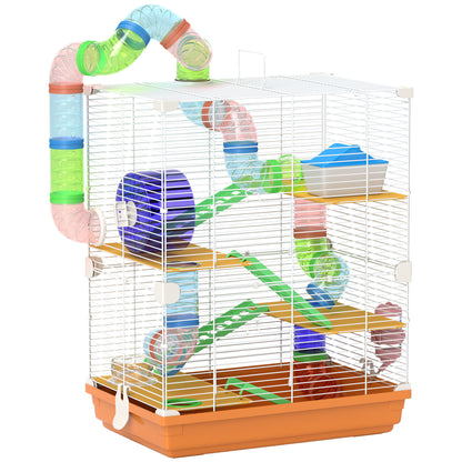 Hamster Cage Small Animal House with Tunnel Platforms Bowl Water Bottle House Ramps and Exercise Wheel 46x30x58cm Orange