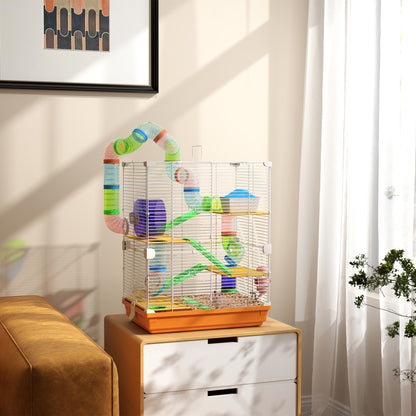 Hamster Cage Small Animal House with Tunnel Platforms Bowl Water Bottle House Ramps and Exercise Wheel 46x30x58cm Orange