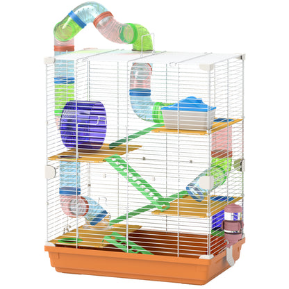Hamster Cage Small Animal House with Tunnel Platforms Bowl Water Bottle House Ramps and Exercise Wheel 46x30x58cm Orange
