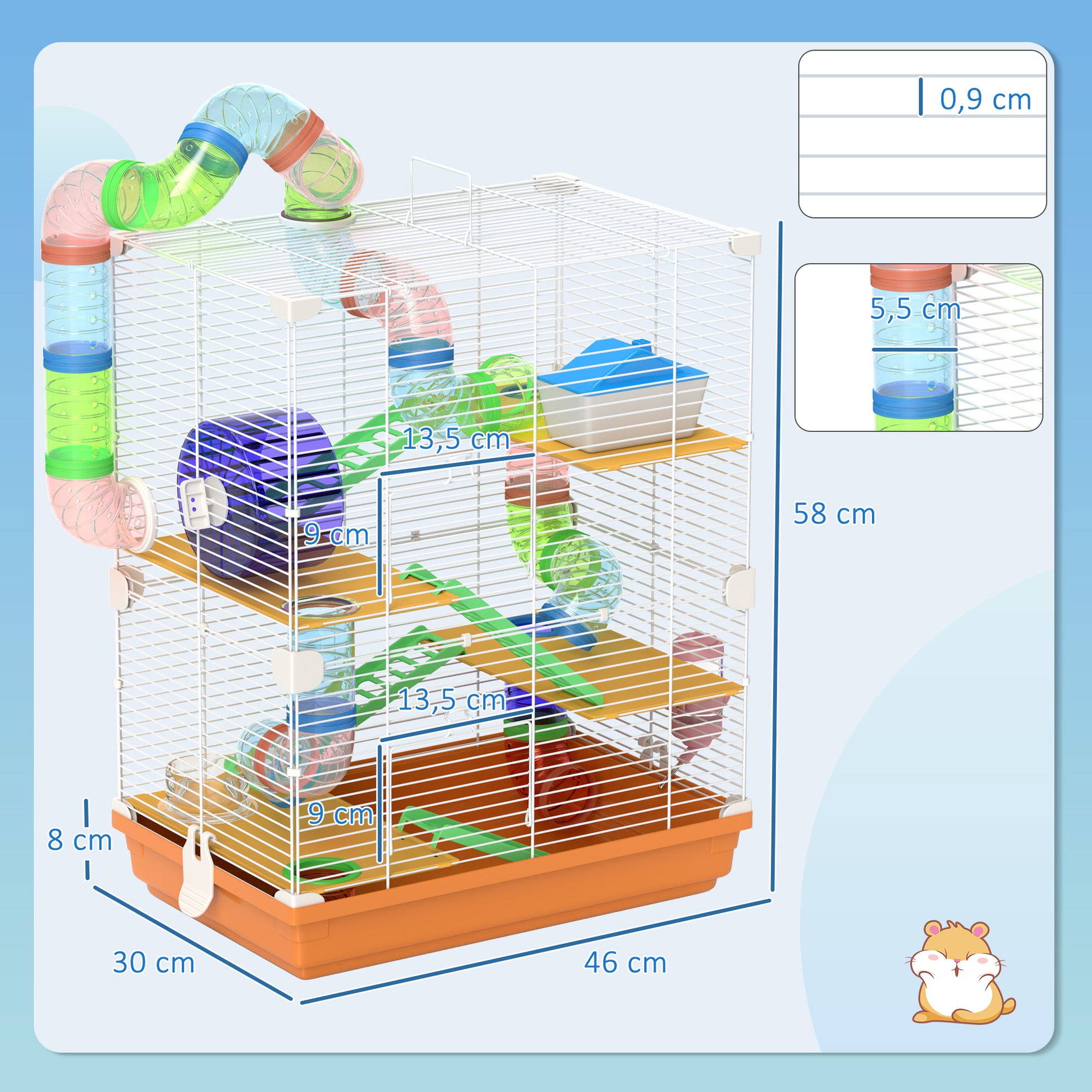 Hamster Cage Small Animal House with Tunnel Platforms Bowl Water Bottle House Ramps and Exercise Wheel 46x30x58cm Orange