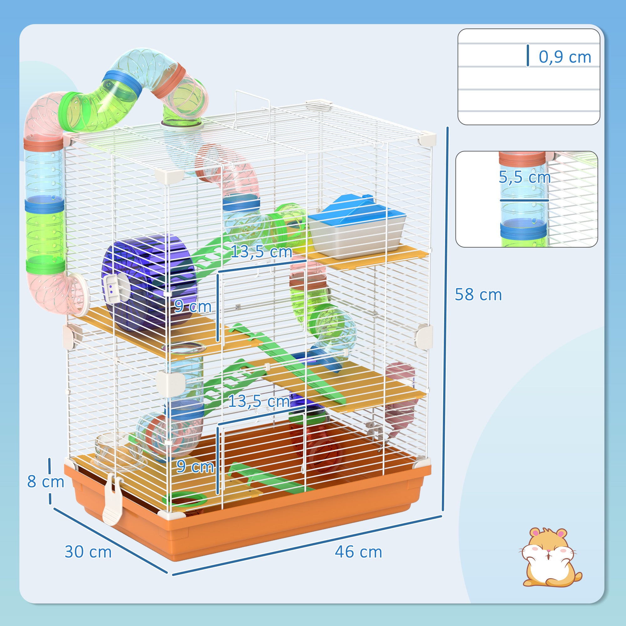 Hamster Cage Small Animal House with Tunnel Platforms Bowl Water Bottle House Ramps and Exercise Wheel 46x30x58cm Orange