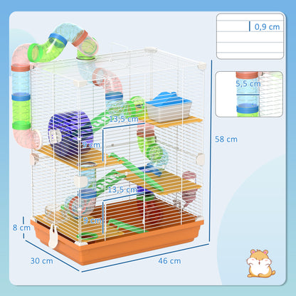 Hamster Cage Small Animal House with Tunnel Platforms Bowl Water Bottle House Ramps and Exercise Wheel 46x30x58cm Orange
