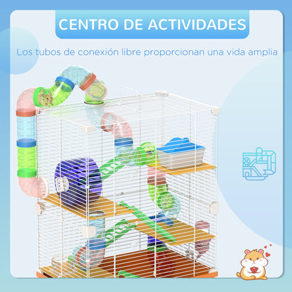 Hamster Cage Small Animal House with Tunnel Platforms Bowl Water Bottle House Ramps and Exercise Wheel 46x30x58cm Orange