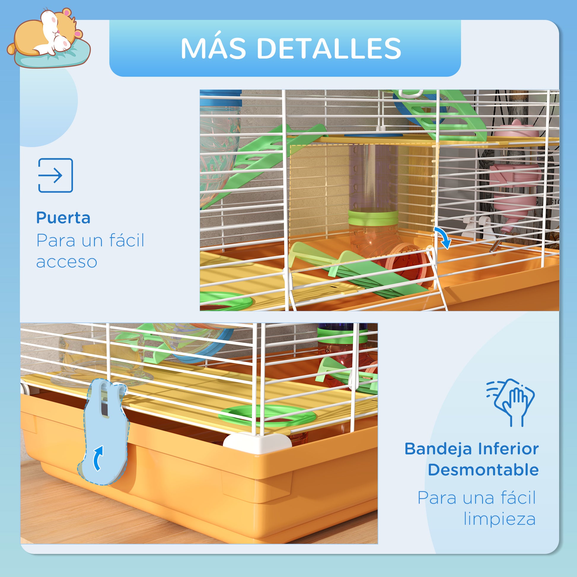 Hamster Cage Small Animal House with Tunnel Platforms Bowl Water Bottle House Ramps and Exercise Wheel 46x30x58cm Orange
